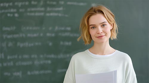 Zdjęcie uśmiechniętej kobiety przed tablicą